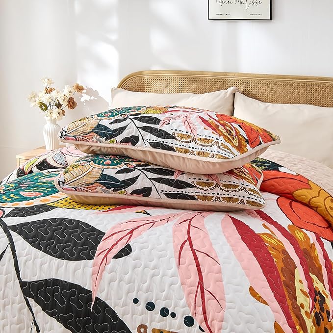 Quilt Set Twin Size, Boho Floral 2 Pcs Soft Bed Cover Bedding Set, Mid Century Flowers Lightweight Bedspread Coverlet with Pillow Sham for All Season