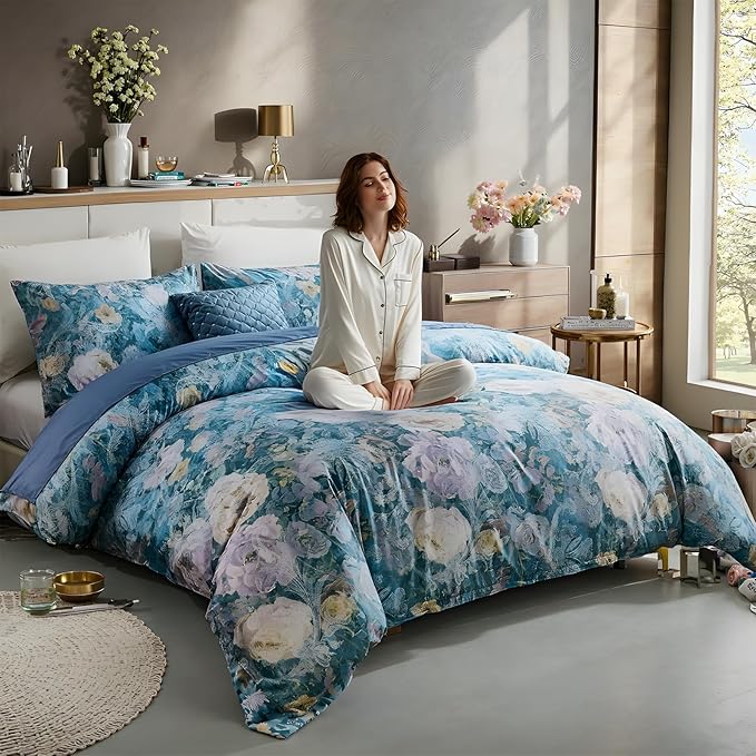 100% Cotton Duvet Cover King Size – Navy Blue Watercolor Floral Duvet Cover Set with Zipper Closure & Corner Ties, 3-Piece Silky Soft & Breathable Bedding Set for All Seasons