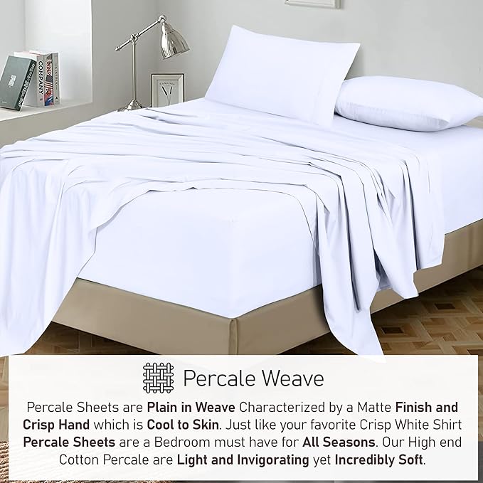 RUVANTI 100% Cotton Twin XL Sheet Sets, 3 Pieces, Soft & Breathable Percale Weave Bedding, Deep Pocket 16", Hotel Standard, Crisp Cool Feel, Durable, Perfect Size Dyed Sheets, Bright White