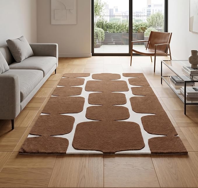 Restoration and Renovation Modern Wool Area Rug - Contemporary Abstract Geometric Design, Thick & Soft Hand-Tufted Carpet - Ideal for Indoor Decor in Living Room, Bedroom (Brown, 9' x 12')