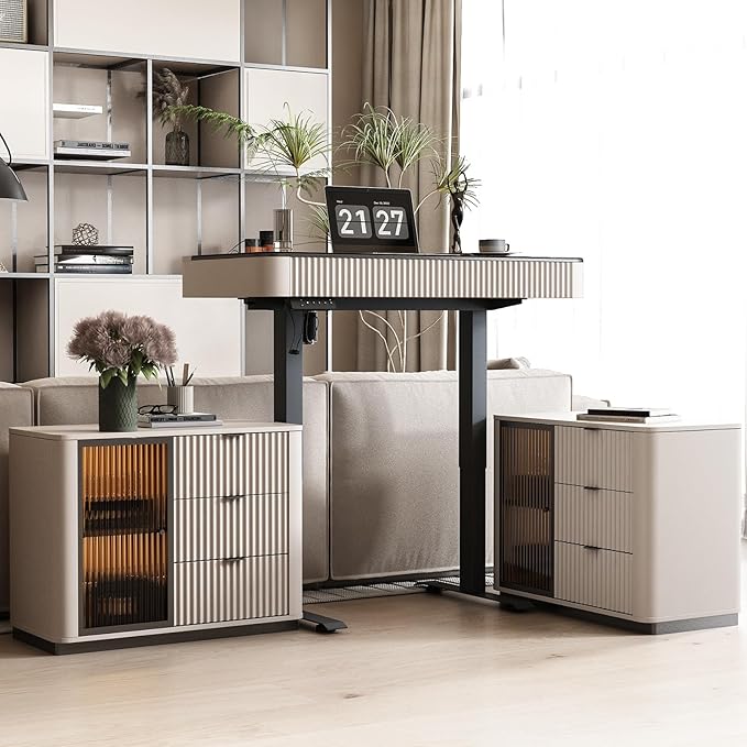 Lartis Office Desk, Electric Standing Desk with Built-in Outlets, Tempered Glass Top Modern Office Computer Desk with 2 Side cabinets (Pale Pink, 47)