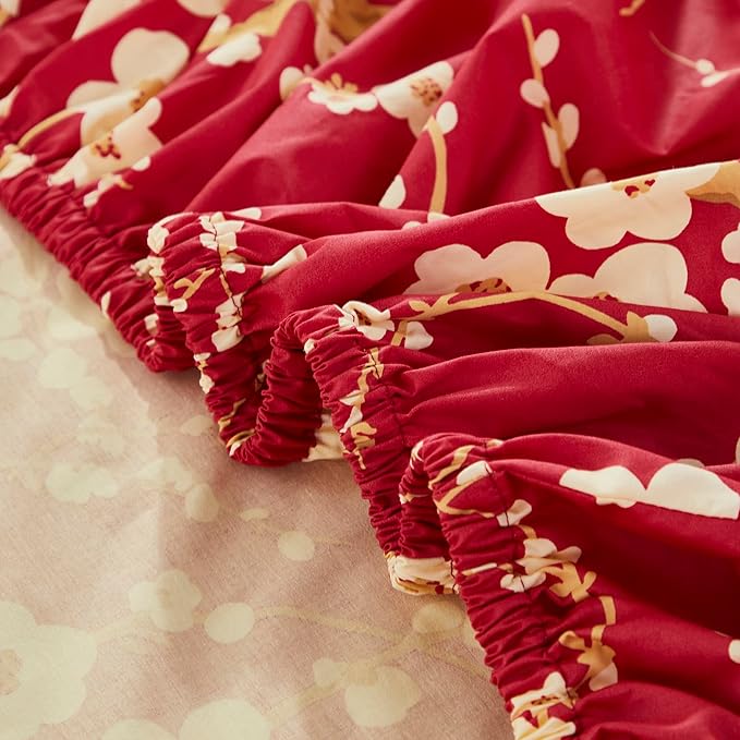 Brandream Floral Sheet Set King Size Japanese Oriental Style Cherry Red Blossom Flower Branches Print Chinoiserie Bedding Pillowcases Set 800TC Egyptian Cotton Sateen Botanical Tree Deep Pocket, 4 Pcs