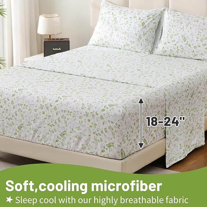 Bedlifes Queen Size Extra Deep Pocket Sheet Sets - Fits Mattresses Up to 18-24" Thick, 4-Piece Microfiber Set with 1800 Thread Count, Soft, Smooth, Breathable, Featuring Cute Printed Green Floral