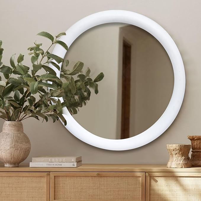 Wall Mirror,Solid Wood Frame Vanity Mirror, Farmhouse Decorative Wall Mirror for Bathroom, Bedroom, Living Room & Entryway, Vertical/Horizontal Hanging, 18x18" RND White Antique ,Wood & Glass