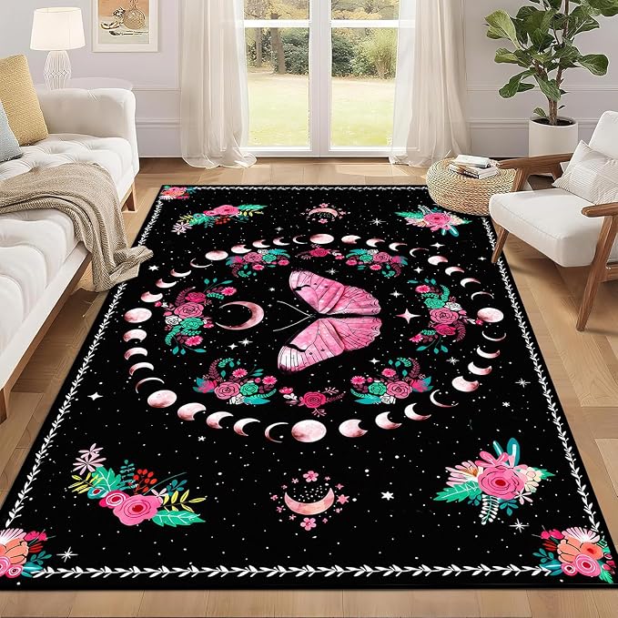 Pink Butterfly Area Rug 4'x6' Moon Phase Floral Rugs for Bedroom Living Room Kitchen Nursery Playroom Home Decor Boho Gothic Butterfly Carpet Non-Slip Washable Floor Mat