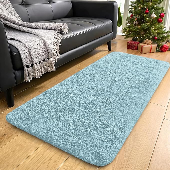 OLANLY 2x4 Machine Washable Runner Rugs for Hallway, Soft Fluffy Shaggy Bedside Rugs for Bedroom, Living Room, Indoor Floor Carpet for Kids Girls and Boys, Home Decor Aesthetic, Light Blue