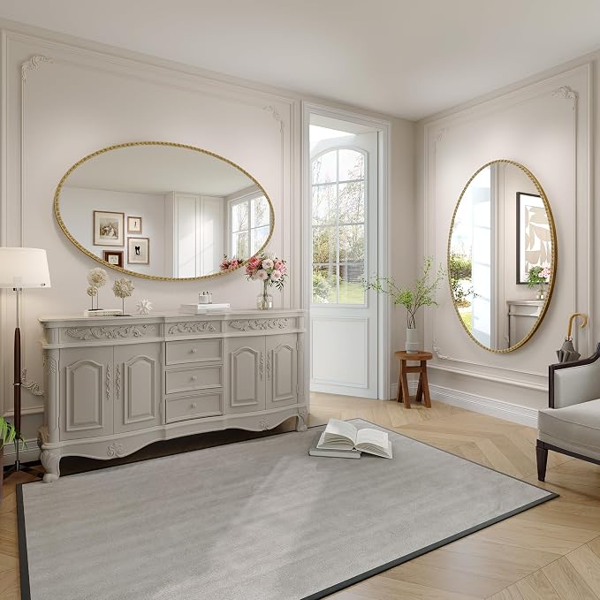 Gold Oval Bathroom Mirror, 48x30 Inch Floral Oval Mirrors for Wall, Antique Gold Metal Floral Frame Mirrors for Bedroom Living Room Hallway, Hangs Horizontally or Vertically