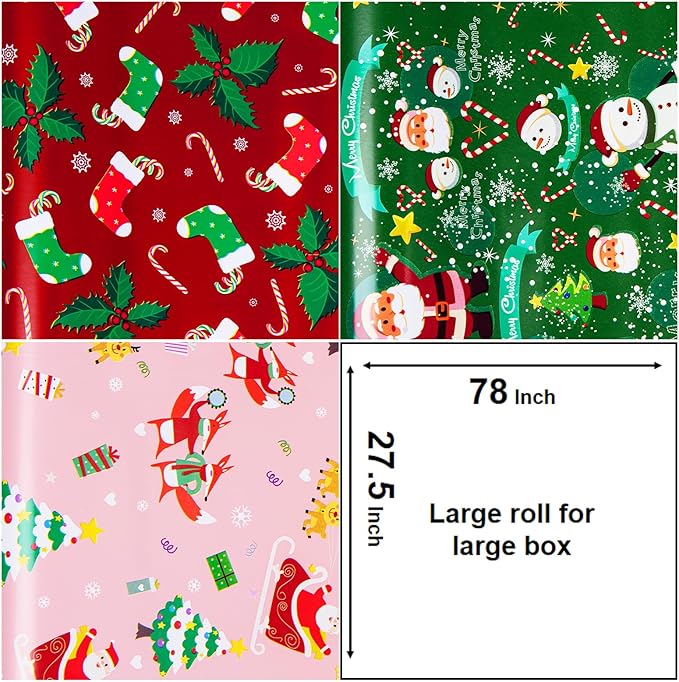 Christmas Wrapping Paper Roll-Pink/Red/Green Wrapping Paper- 3 Large Roll - 27 Inch X 6.5 Feet each roll Design for Holiday, Party, Celebration (Christmas Pink/Red/Green（007）)