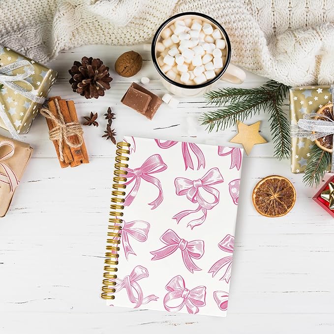 JKMBN Trendy Coquette Pink Bow Jonrnaling Notebooks, Aesthetic Spiral Notebook for Girls, Preppy Pink Journal Notebook, Pink Office Supplies, Hardcover Spiral Notebooks College Ruled 5.5 x 8.3