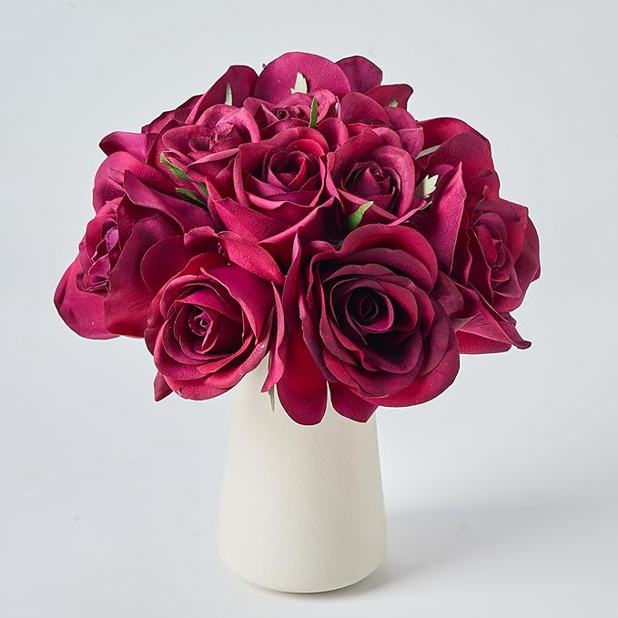 12-Piece Faux Real Touch Rose Bouquet with Ceramic Vase, Fake Flowers in Vase, Artificial Flowers for Home, Wedding, Bridal Bouquet, Party & Dining Table Centerpiece Decor (Burgundy, 10" High)