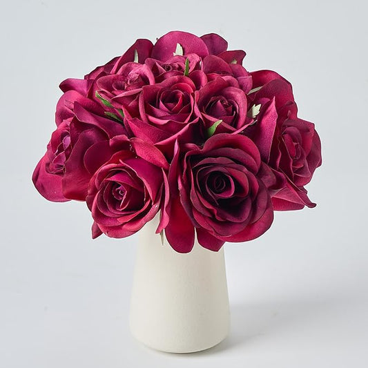 12-Piece Faux Real Touch Rose Bouquet with Ceramic Vase, Fake Flowers in Vase, Artificial Flowers for Home, Wedding, Bridal Bouquet, Party & Dining Table Centerpiece Decor (Burgundy, 10" High)