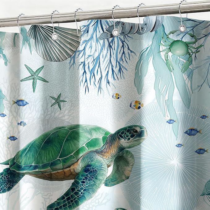 Green Sea Turtle Shower Curtain Teal Blue Coastal Shower Curtains for Bathroom Waterproof Fabric Bath Curtain Decor with Hooks