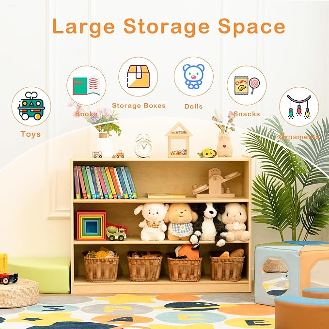 Wooden Kids Bookshelf and Toy Storage Organizer, 3-Tier Montessori Shelf, 30in Storage Cabinet for Kids, Birch Bookcase Book Shelf for Kids Room, Nursery, Classroom, Playroom - Natural