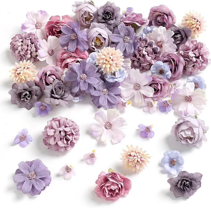 Faux Flower Heads Mini Purple Artificial Flower Heads Fake Peony Daisy Rose Flowers Multicolor Small Silk Daisy Flower Heads for Craft Garland Wedding Party DIY Home Decoration,2-4 cm