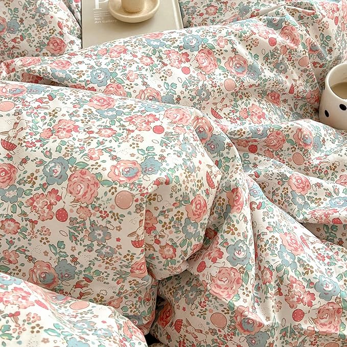 LifeTB Queen Size Comforter Set Boho Pink Floral Bedding Comforter with 2 Pillowcases Vintage Garden Style Boho Comforter for Queen Bed Cute Flower Bedding Fluffy Cottagecore Botanical Comforter Set