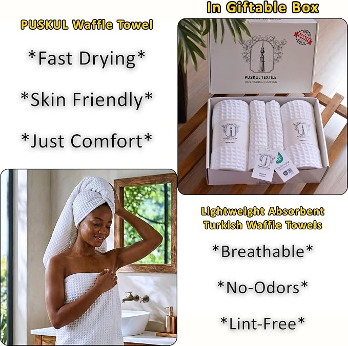PÜSKÜL 4-Piece Natural 100% Turkish Cotton Luxury Waffle Towels for Bathroom | Premium Quality Honeycomb Weave 2 Hand Towel & 2 Bath Towel Set | Soft Absorbent Quick-Dry Lightweight Towels (White)
