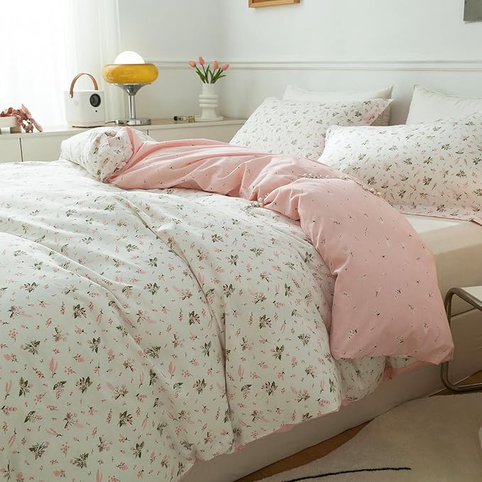 EAVD Vintage Style Garden Floral Duvet Cover King Size 100% Cotton White Pink Botanical Pattern Bedding Set with 2 Pillowcases Boho Fresh Aesthetic Floral Comforter Cover with Zipper Closure