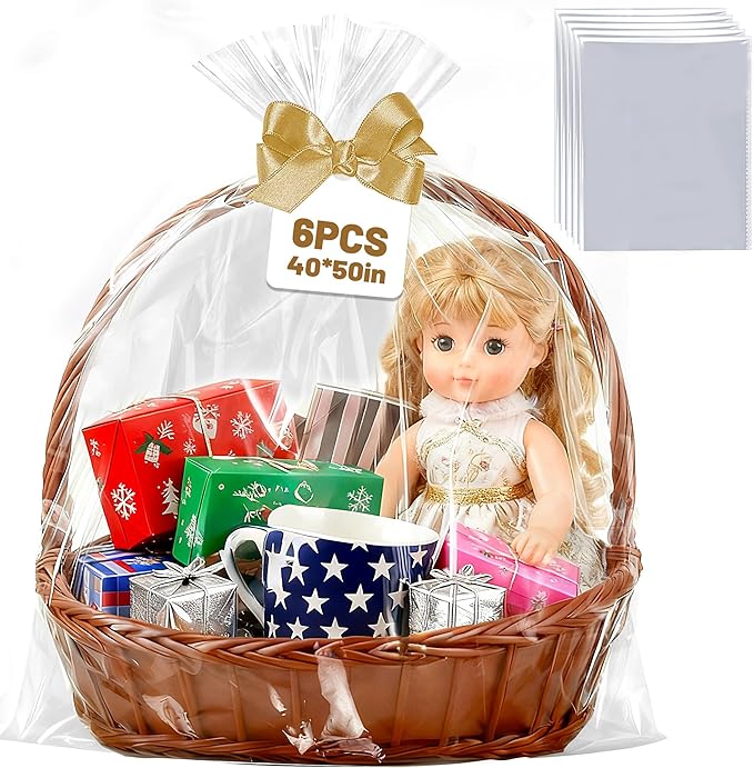 QOIUSO 6PCS Extra Large Cellophane Bags 40x50 Inch, Clear Cellophane Wrap for Large Christmas Gift Baskets, 2.8 Mil Thick Clear Gift Bags for Christmas, Holiday Parties, Weddings & Birthdays