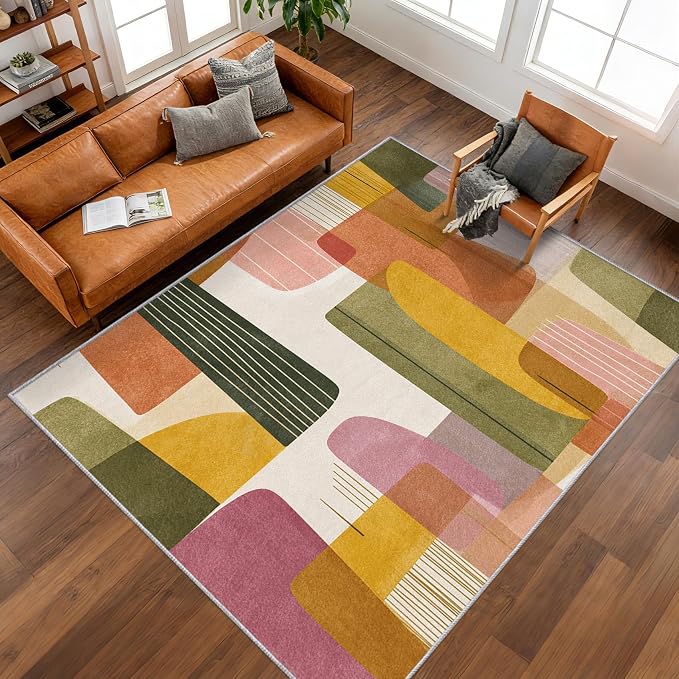 4x6 Mid Century Modern Rugs for Bedroom Decor, Washable Abstract Geometry Pattern Area Rug, Living Room Home Decoration, Non Slip Soft Thin, Boho Decor Carpet PF-P 117