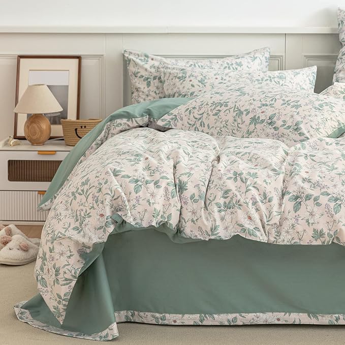 EAVD Vintage Style Garden White Floral Duvet Cover Queen Soft 100% Cotton Flower Green Leaves Botanical Bedding Set with 2 Pillowcases Chic Botanical Floral Comforter Set Aesthetic Bedding Set