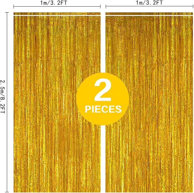 2 Pack 3.2ft x 8.2ft Gold Metallic Foil Curtains, Big Laser Glitter Fringe Rain Curtain Photo Booth Backdrop Tinsel Curtain Streamer for Birthday Wedding Graduations Christmas Event Party Supplies