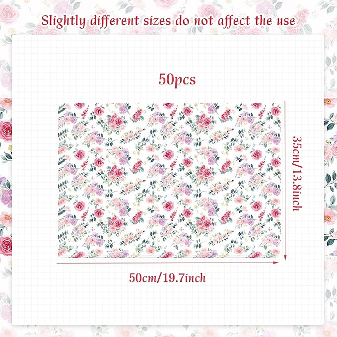 50 Sheet Pink Flower Tissue Paper Rose Floral Gift Wrapping Paper Watercolor Wildflower Patterned Tissue Papers for Gift Wrap DIY Crafts Packaging Wedding Bithday Party Supplies