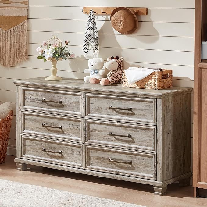 Farmhouse 6 Drawer Dresser for Bedroom, 54 inch Wide Large Vintage Chest of Drawers with Square Solid Wood Legs, Rustic TV Stand for Living Room, Wooden Storage Dressers for Hallway, Grey