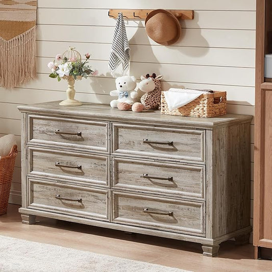Farmhouse 6 Drawer Dresser for Bedroom, 54 inch Wide Large Vintage Chest of Drawers with Square Solid Wood Legs, Rustic TV Stand for Living Room, Wooden Storage Dressers for Hallway, Grey