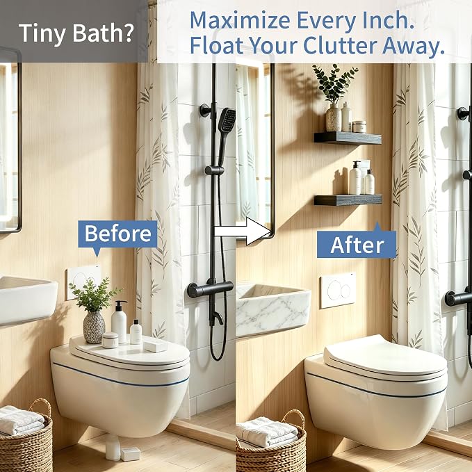Floating Shelves Bathroom for Wall, Bathroom Shelves Over Toilet, Wall Shelves & Book Shelf, Hanging Shelf, Modern Wooden Wall-Mounted Small Floating Shelves, 12x7x1.5 in (Black, Set of 2)