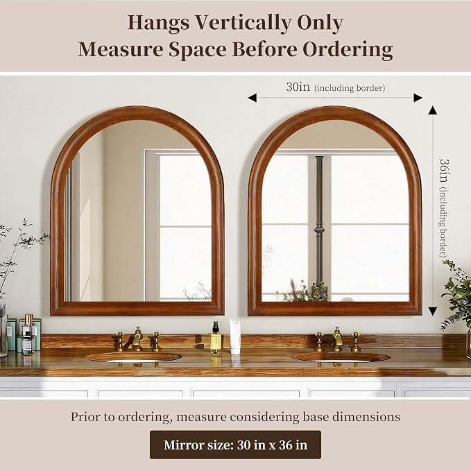 Tanmicoshomy Wood Arched Bathroom Mirror for Wall 30x36 Inch, Wall Mirrors with Tempered Glass for Living Room, Bedroom or Entryway
