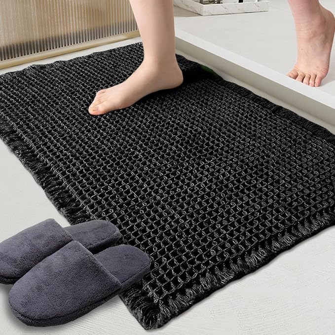 ZALL Waffle Bath Mat Black Super Absorbent Non Slip Bathroom Rug,Rhombus Geometric 24x36inch,Machine Washable Ultra Soft Floor Mats