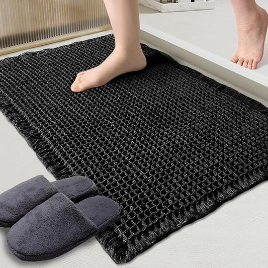 ZALL Waffle Bath Mat Black Super Absorbent Non Slip Bathroom Rug,Rhombus Geometric 17x24inch,Machine Washable Ultra Soft Floor Mats