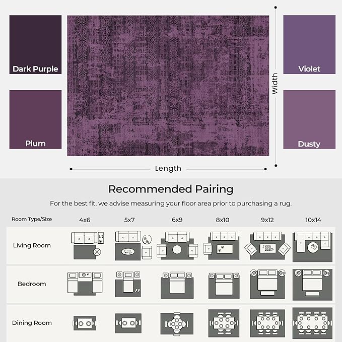 Kokia Abstract Area Rugs Living Room Washable Low Pile 6x9 Non-Slip Indoor Decor Purple Carpet Foldable Stain Resistant Ombre Rugs Bedroom Dining Room, Oslo Plum