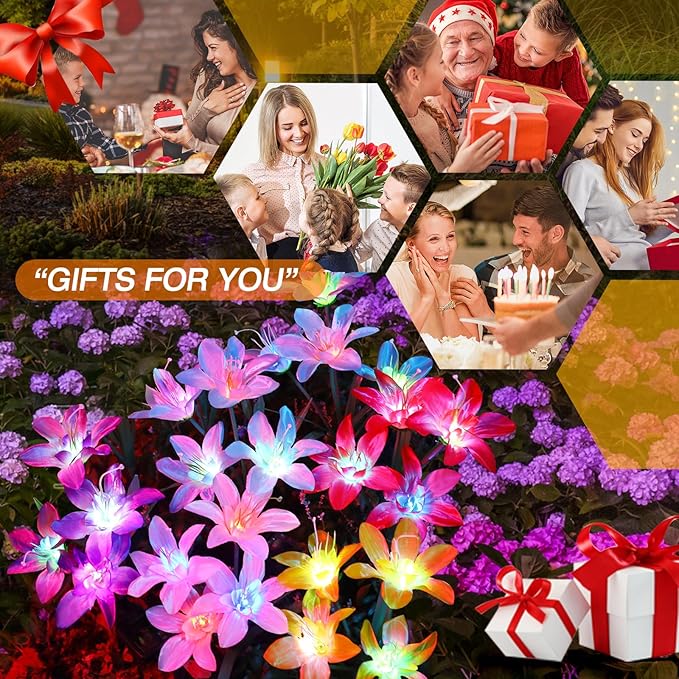 Aukora Solar Garden Lights Outdoor 10 Pack, 5 Colors Lily Flowers & 7-Color Changing Led Lights for Outside, Solar Outdoor Light Waterproof for Pathway Patio Yard Decor, Red Yellow Blue White Purple