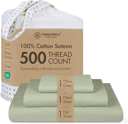 Threadmill 500 Thread Count Twin Size 3 Pc Luxury Cotton Bedding Set, Jacquard Floria Sage Green, Damask Sheets with 15" Elasticized Deep Pocket, 1 Pillowcase & Free Tote Bag