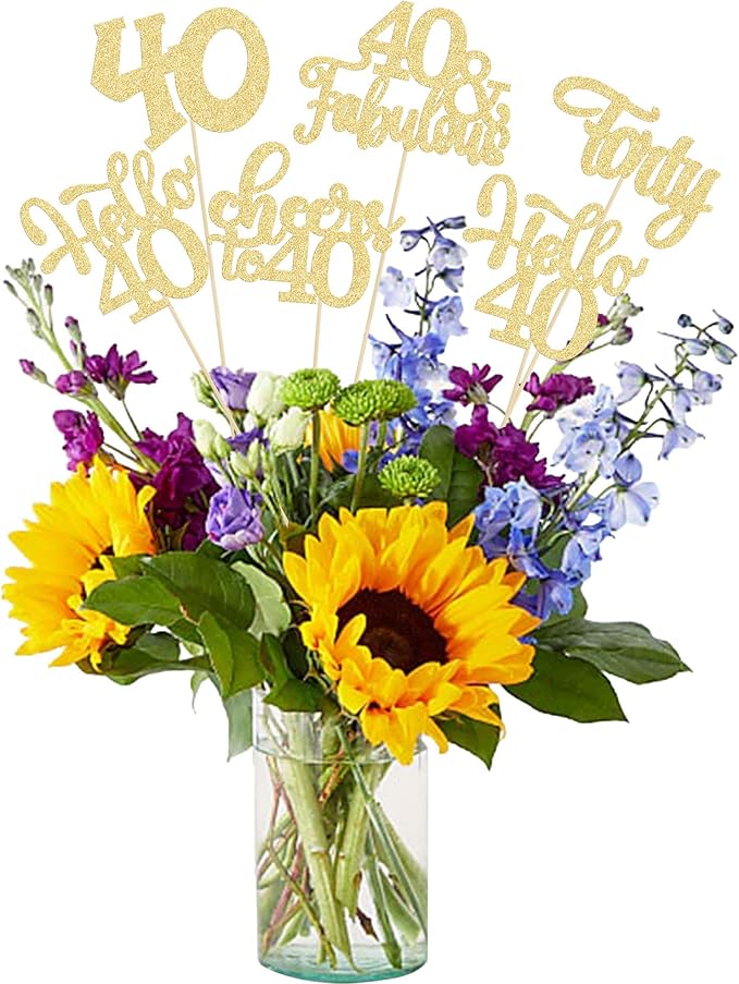 Gyufise 15Pcs 40th Birthday Centerpiece Sticks Forty Happy 40th Table Flower Centerpieces Sticks Cheers to 40 Floral Decorations for 40th Birthday Party Centerpieces Supplies Gold
