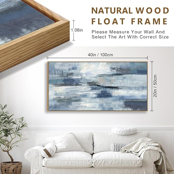 Indigo Framed Wall Art Abstract Ocean Canvas Pictures Blue White Grey Painting Vintage Wall Decor Modern Artwork Prints for Living Room Bedroom Bathroom Office Home Decoration 20"x 40"
