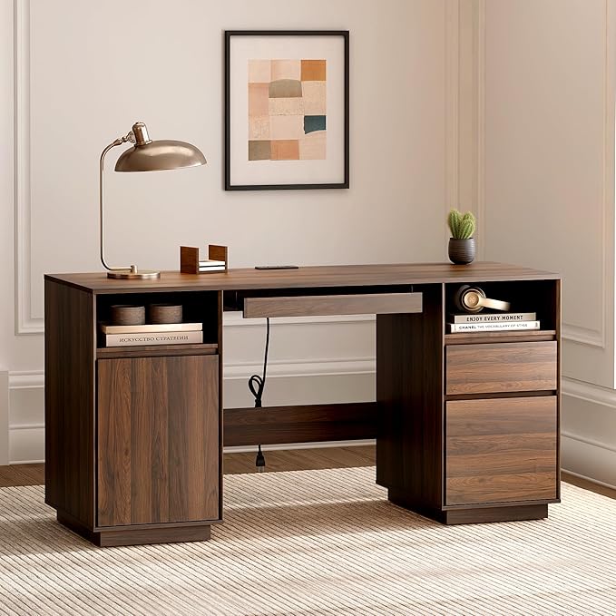 Farmhouse Executive Desk with File Drawer 59" Large Computer Desk Home Office Desk with Charging Station, Keyboard Tray, Storage Cabinet Modern Workspace for Study, Writing, Brown