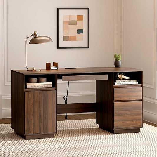 Farmhouse Executive Desk with File Drawer 59" Large Computer Desk Home Office Desk with Charging Station, Keyboard Tray, Storage Cabinet Modern Workspace for Study, Writing, Brown