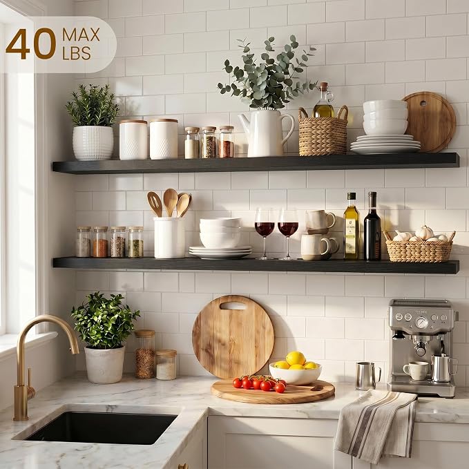 Dreamland Floating Shelves for Wall, Rustic Black Floating Shelves for Bathroom|Bedroom|Kitchen, Deep Wall Mounted Book Shelf, Wood Storage Display Shelf for Home Decor, Set of 2