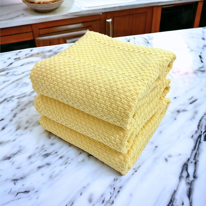 Serafina Home Light Butter Yellow Kitchen Hand Dish Towels: Oversized 28" x 18",100% Cotton Cloth Soft Cleaning Drying Absorbent Textured Design, Set of 3 Multipurpose for Everyday Use (Pale Yellow)