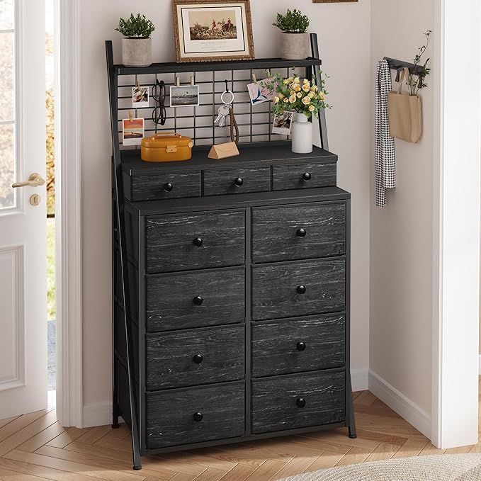 51" H Dresser for Bedroom with LED, 11 Drawer Dresser with Wire Grid Panels & Open Shelves for Entryway, Dorm, Black, 11.8" D x 33.9" W x 51.2" H