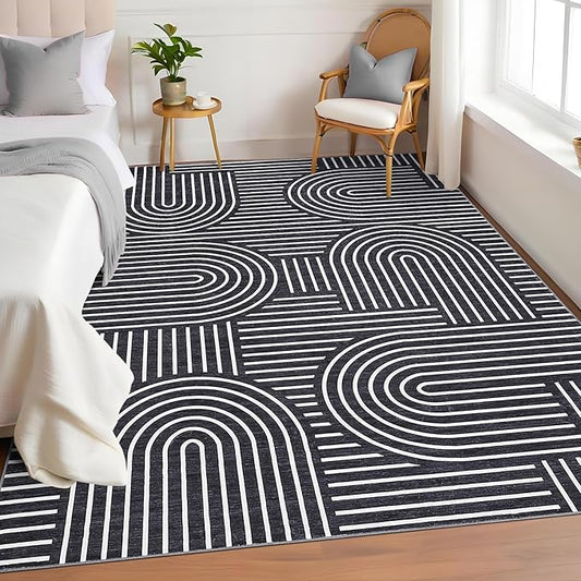 Washable 6x9 Black Area Rug for Living Room Modern Geometric Wave Print Accent Rug Non Slip Office Carpet Thin Foldable Boho Solid Indoor Floor Carpet for Bedroom Dining Room, Black