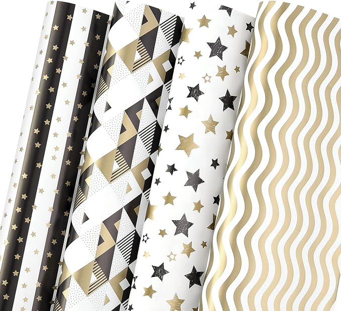 PlandRichW Wrapping Paper Folded Black White and Gold Matte Design Stars, Stripes, Ripples, Plaids for Birthdays, Christmas, Graduations, Weddings, Father's Day 4 Styles 20" X 29" 12 Sheets