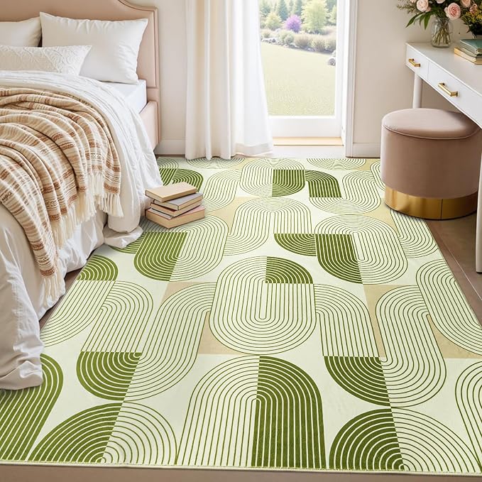 Rugs for Living Room, Soft Green Area Rug for Bedroom 4x6, Washable Mid Century Modern Rug, Non Slip Indoor Floor Boho Low Pile Abstract Carpet for Dining Room Nursery Office Home