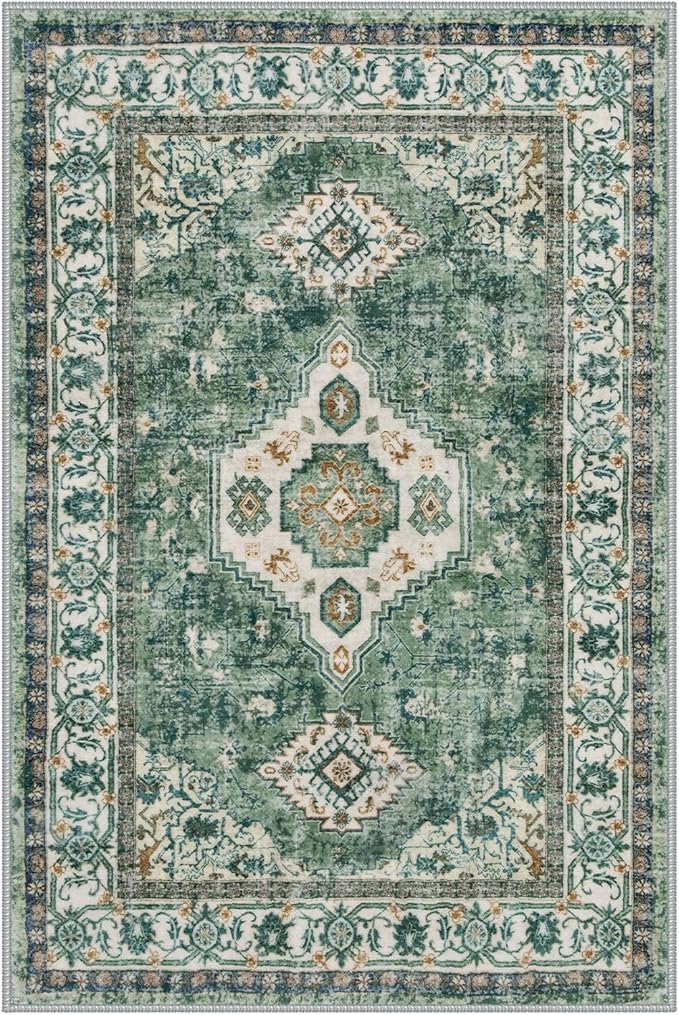 Lahome Oriental Small Rugs for Entryway, 2x3 Rug Non Slip Washable Door Mat Indoor Entrance Ultra-Thin Vintage Soft Carpet for Kitchen Bedroom Front Door Bathroom, Green/Multi