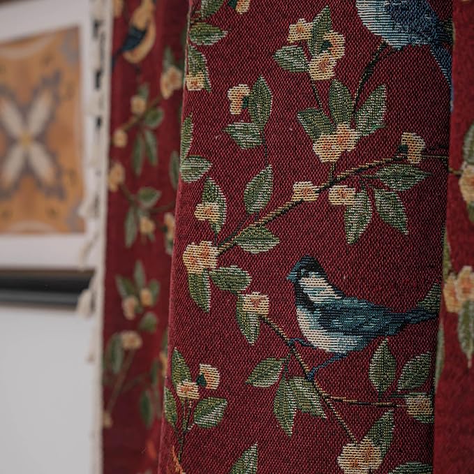 ENJOYBRIDAL Floral 63 Inch Curtains for Living Room Maroon Drapes Bird Pattern Jacquard Short Window Curtain Panels Rod Pocket Bedroom Farmhouse Boho Tassel Semi Blackout 2 Panels Window Treatments
