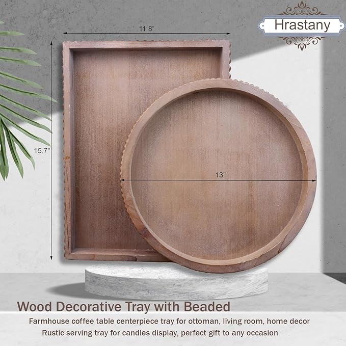 Hrastany Wood Decorative Serving Tray with Bead, Round Vintage Wooden Ottoman Tray for Home Centerpiece, Counter Organizer, 13” Circle Tray for Kitchen, Living Room (Rustic Brown)