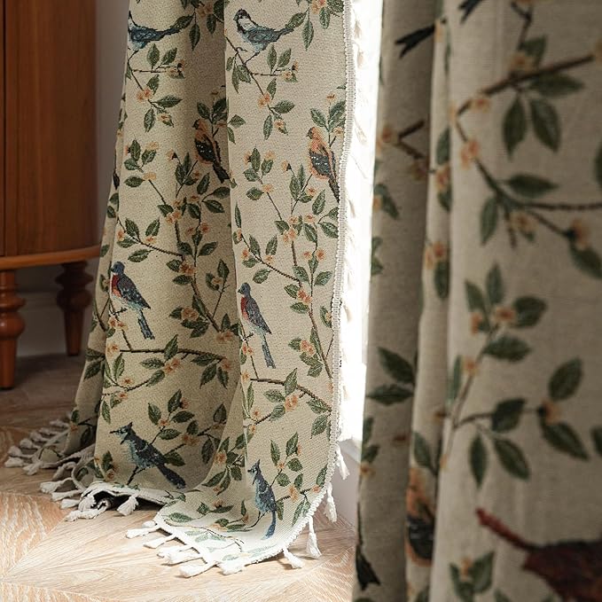 ENJOYBRIDAL Floral 84 Inches Curtains for Bedroom Jacquard Drapes Bird Patterned Semi Sheer Boho Living Room Window Curtains 2 Panels Farmhouse Rod Pocket Light Filtering Decorative Window Treatments