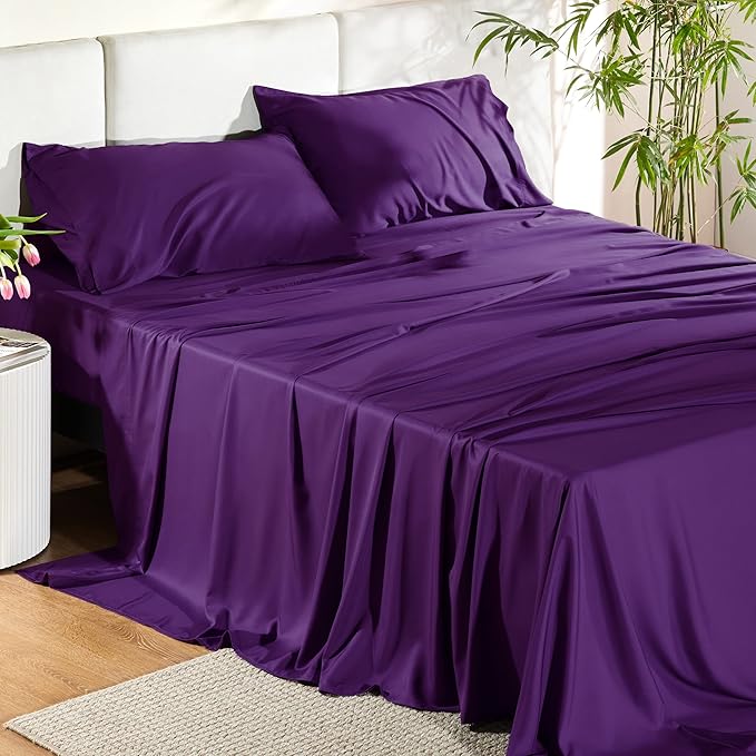 Bedsure Queen Sheet Set, Rayon Derived from Bamboo, Cooling Sheets, Breathable & Soft, Deep Pocket Up to 16 Inches, Hotel Luxury Silky Bedding for Hot Sleepers, Plum